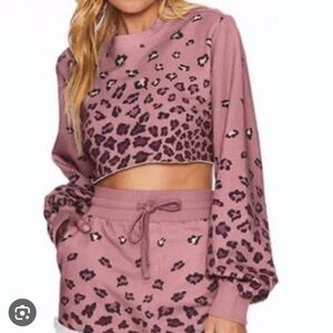 Beach Riot Tan Leopard Print Cropped Puff Sleeve Cut Off Crewneck Sweatshirt S